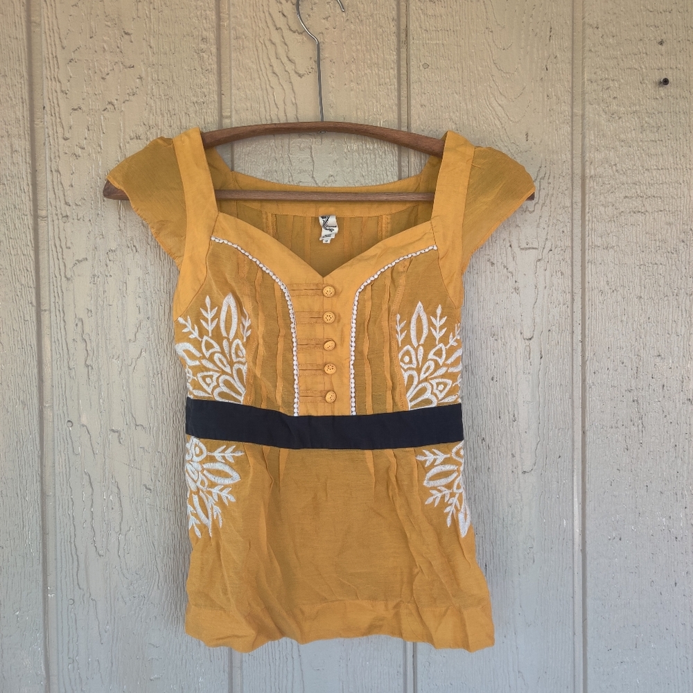 Anthropologie Mustard Embroidered Blouse